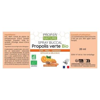 SPRAY BUCCAL BIO PROPOLIS VERTE, MIEL, EXTRAIT PEPINS PAMPLEMOUSSE & HUILE ESSENTIELLE D'ORANGE - SANS ALCOOL - MAUX DE GORGE - 20ML 8