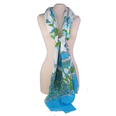 Blue and green Camargue cotton pareo stole with bird pattern, ideal for beach, vacation, summer...