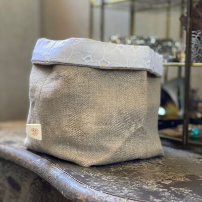 Panière de rangement en lin et coton - revers broderie