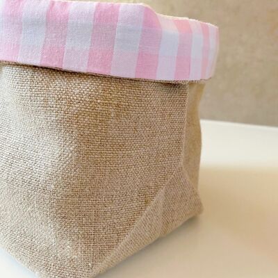 Linen and cotton storage basket - pink gingham reverse