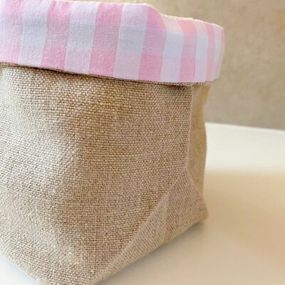 Panière de rangement en lin et coton - revers vichy rose