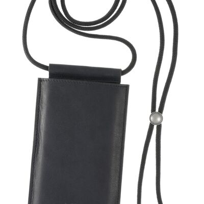 Crossbody phone case, genuine leather, black, 17.5 cm x 10.5 cm