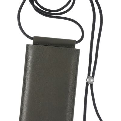 Mobile phone case for hanging, genuine leather, olive, 17.5 cm x 10.5 cm