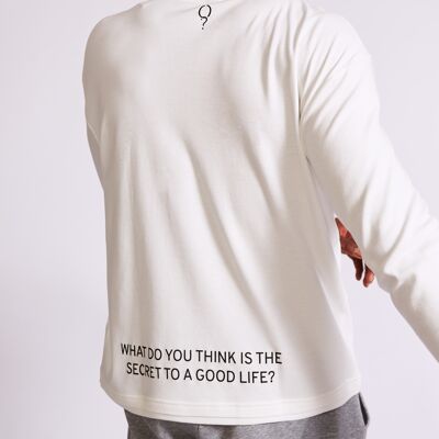 Camiseta blanca de manga larga para hombre "¿Cuál crees que es el secreto de una buena vida?"