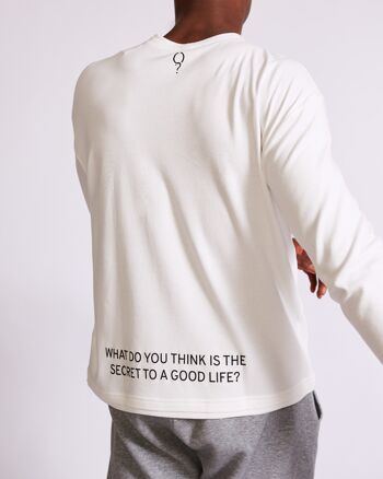 T-shirt à manches longues pour homme en blanc « Quel est selon vous le secret d'une belle vie ? » 1