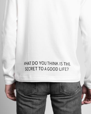 T-shirt à manches longues pour homme en blanc « Quel est selon vous le secret d'une belle vie ? » 3