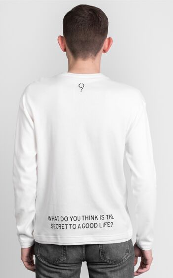 T-shirt à manches longues pour homme en blanc « Quel est selon vous le secret d'une belle vie ? » 5