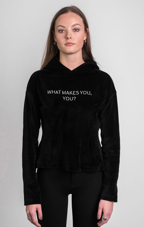 Women's Corset Hoodie in Velour ‘What makes you, you?’ (embroidered)