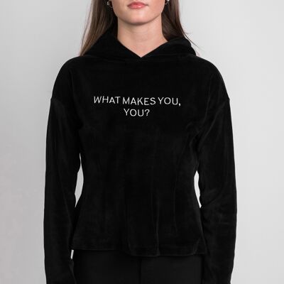 Women's Corset Hoodie in Velor 'What makes you, you?' (embroidered)