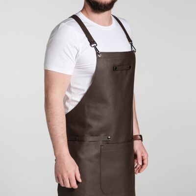 Cowhide leather cooking apron, hard-wearing and robust, brown, size M