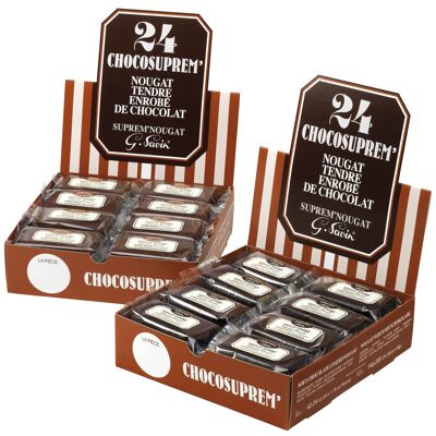 Caja expositora de 24 ChocoSuprem' de 50g - Turrón blando de chocolate con leche y naranja