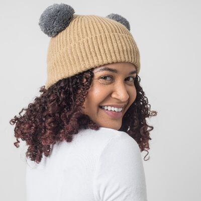 Adult Sized Tan and Grey Pom Pom Satin Lined Beanie