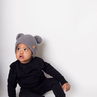 Soft Grey Pom Pom - Child 1-3 Years Satin Lined Beanie