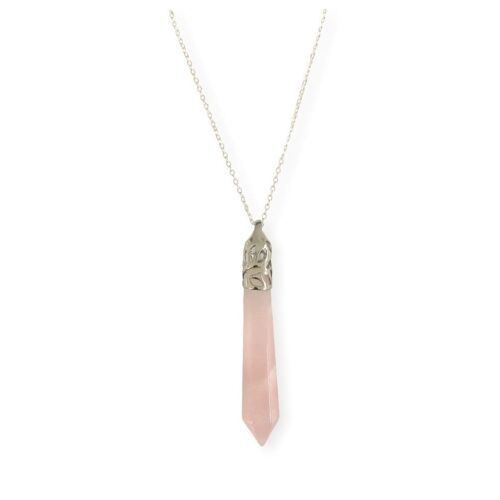 Bullet Shape Rose Quartz Necklace in White Gold