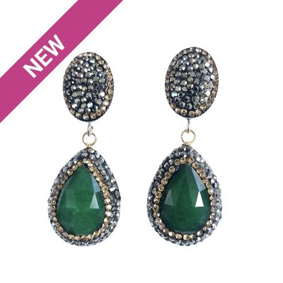 Boucles d'Oreilles Goutte Onyx Vert et Pave