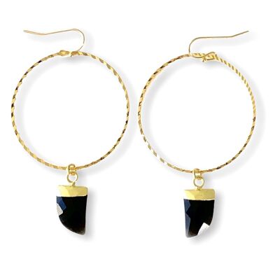 Black Onyx Hoops in Yellow Gold