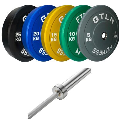 GTLN Olympic 7ft Barbell + Colour Rubber Bumper Plates - 100kg Weight Plate Bundle