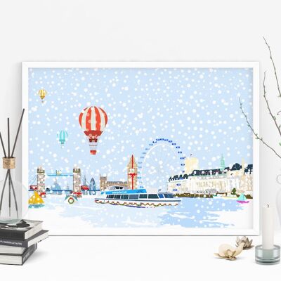 Christmas Along the River Thames - Holiday Art Print - A4 Size