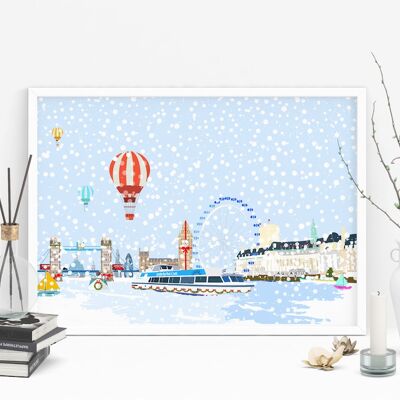 Christmas Along the River Thames - Holiday Art Print - A4 Size