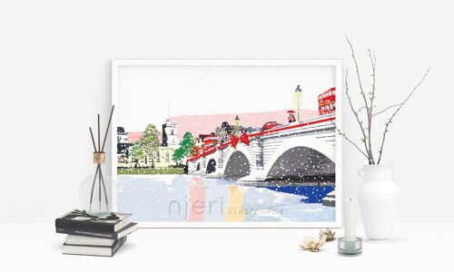 Putney Bridge Christmas - Holiday Art Print - A4 Size