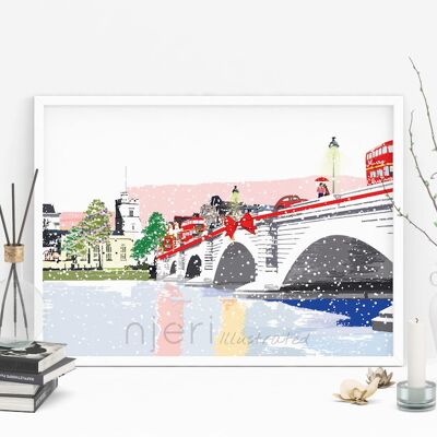 Putney Bridge Christmas - Impression d'art de vacances - Format A4