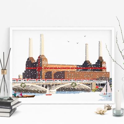 Estación de energía de Battersea Navidad - Impresión de arte de vacaciones - Tamaño A4