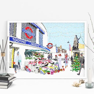 Navidad en la estación de Tooting Broadway - Impresión de arte de vacaciones - Tamaño A4