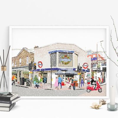 Balham Underground Station Christmas - Holiday Art Print - A4 Size