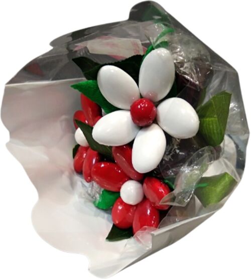 Mini bouquet de chocolats et dragées chocolat en rouge et blanc