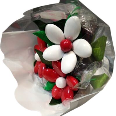Mini-Strauß aus Pralinen und Schokoladen-Dragees in Rot und Weiß