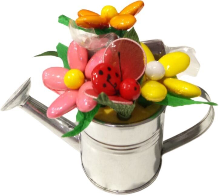 Gießkanne mit schokoladengezuckerten Mandelblüten