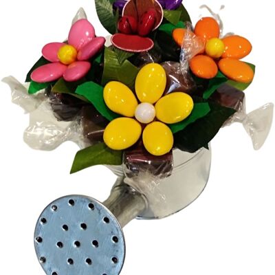 Watering can with sugared almond flowers and grandmother's day chocolates