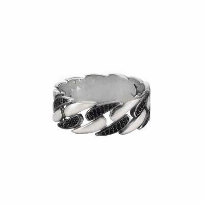 Men's silver ring with modern chain set with black zirconium