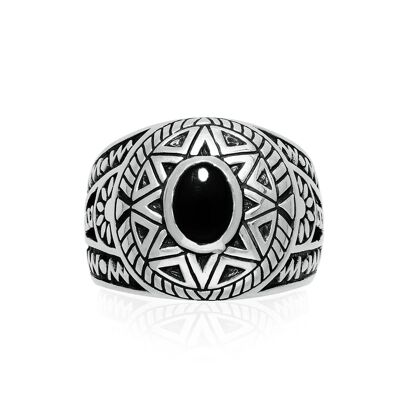 Men's silver ethnic onyx sun ring