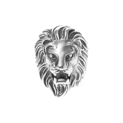 Anillo de plata con cabeza de león salvaje para hombre.