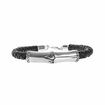 Men's braided leather and silver bamboo bracelet