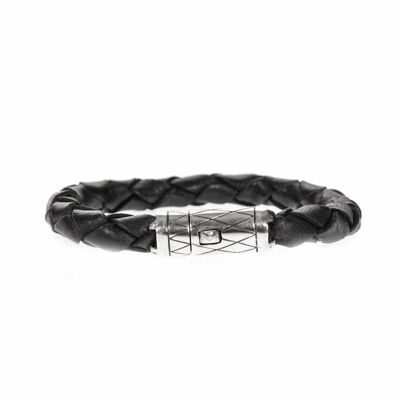 Men's leather and silver round braid bracelet