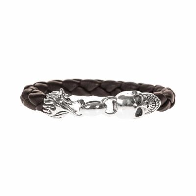 Men's brown and silver skull leather bracelet