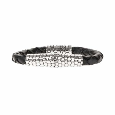 Men's Exotic Tortoiseshell Black Leather and Silver Bracelet