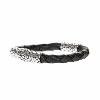 Bracelet homme exotique écaille cuir noir et argent 2