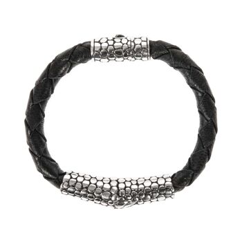 Bracelet homme exotique écaille cuir noir et argent 3