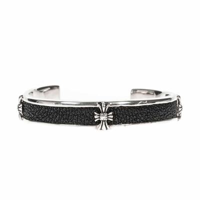 Men's silver and shagreen rock cross bangle bracelet