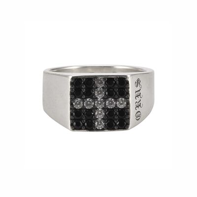 Moderno anello con sigillo quadrato in argento con pietra nera e croce bianca