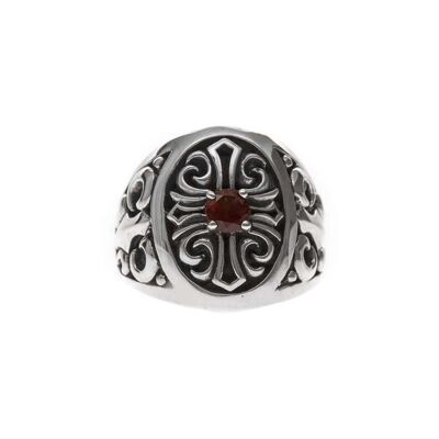 Silver red stone cross signet ring