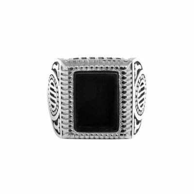 Men's silver rock love black agate signet ring