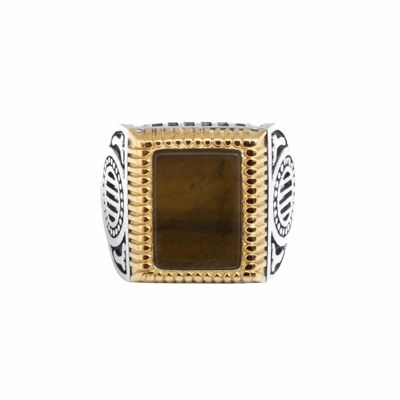 Men's silver rock love tiger's eye signet ring