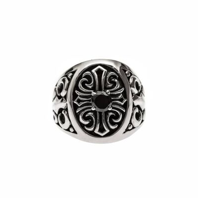 Men's silver black stone cross signet ring