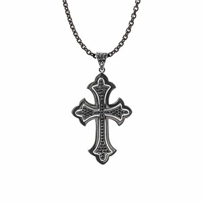 Black silver paved cross necklace with black setting