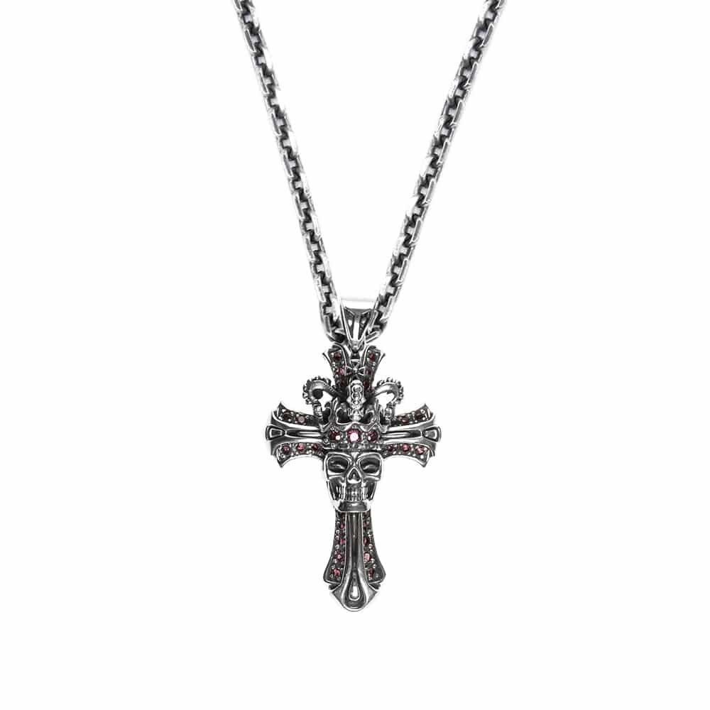Collana croce reale ciondolo teschio argento pietra rossa