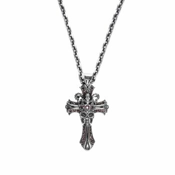 Collier croix royale tête de mort pendentif argent pierre rouge 1